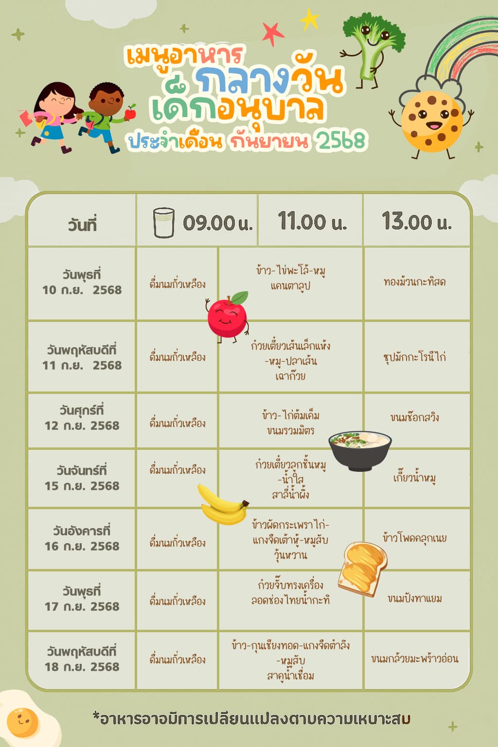 รายการอาหารประจำเดือน กันยายน 2568
