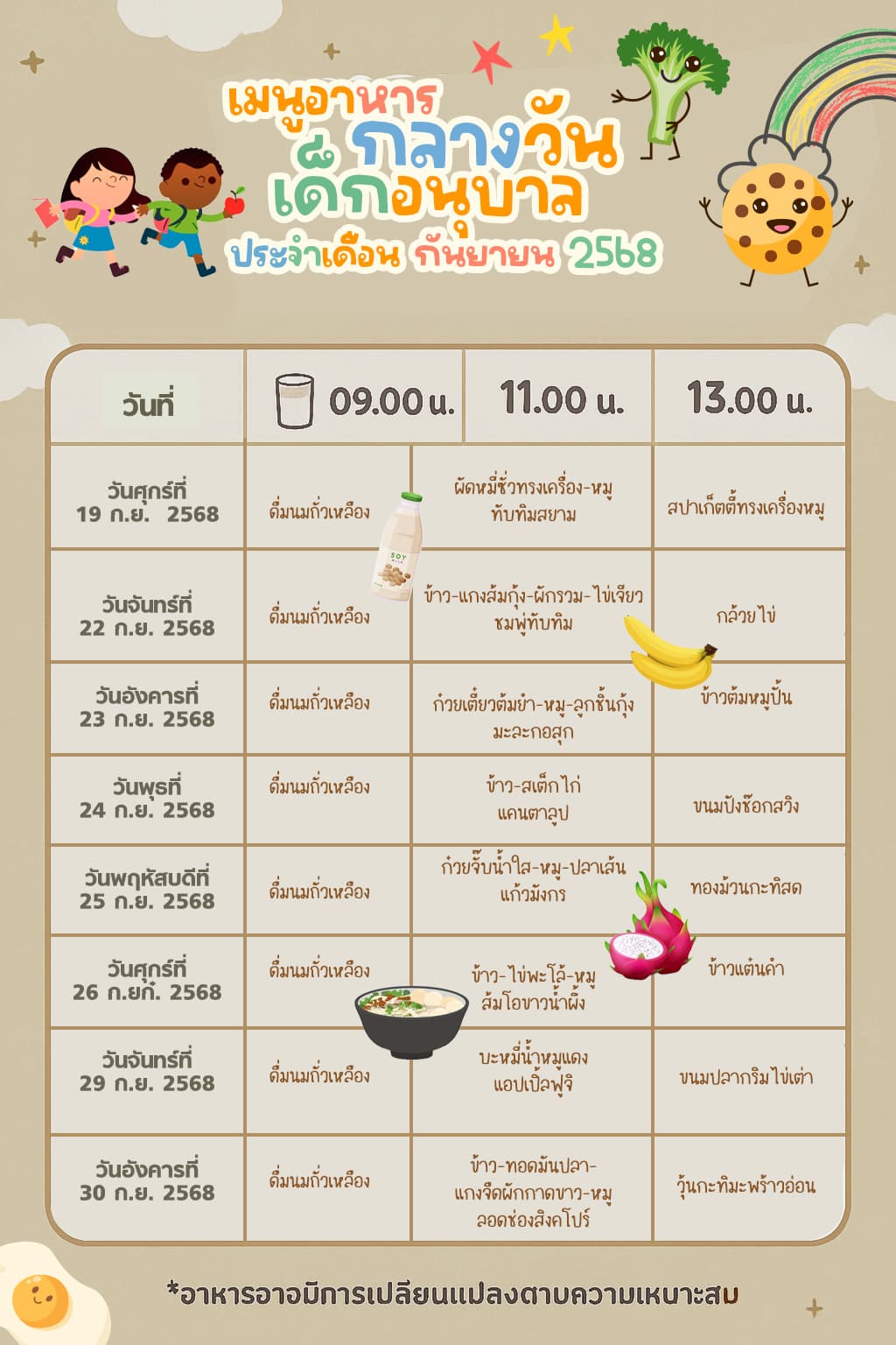 รายการอาหารประจำเดือน กันยายน 2568